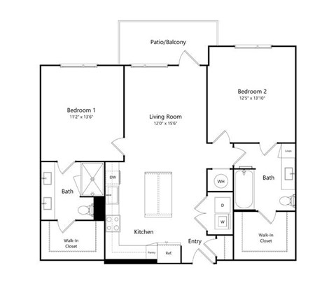 A black and white floor plan of a house with two bedrooms, a living room, a kitchen, and bathrooms.